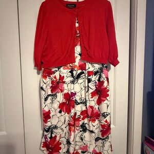 Red Cardigan and Floral Dress Set